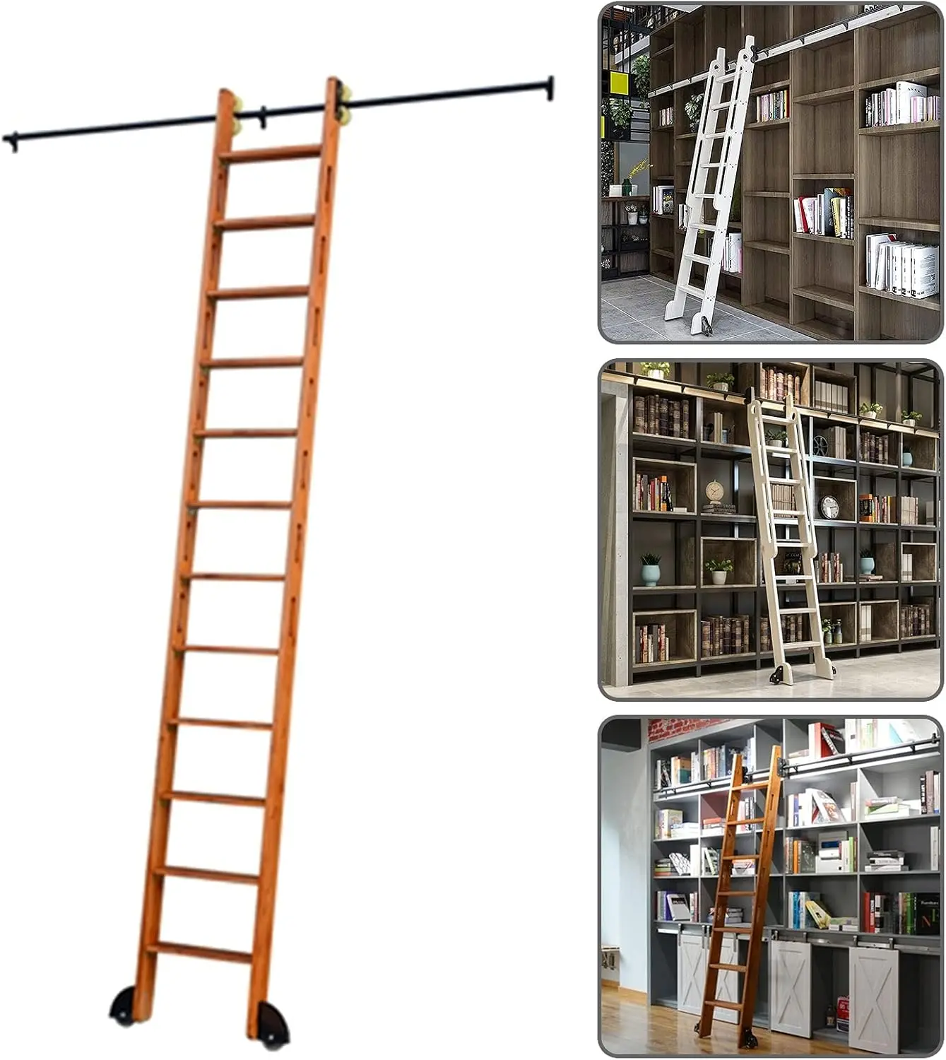 Sliding Barn Door Kit 3.3Ft-13Ft Sliding Ladder Library Full Set Hardware Rolling Track (No Ladder) Round Tube Mobile Ladder