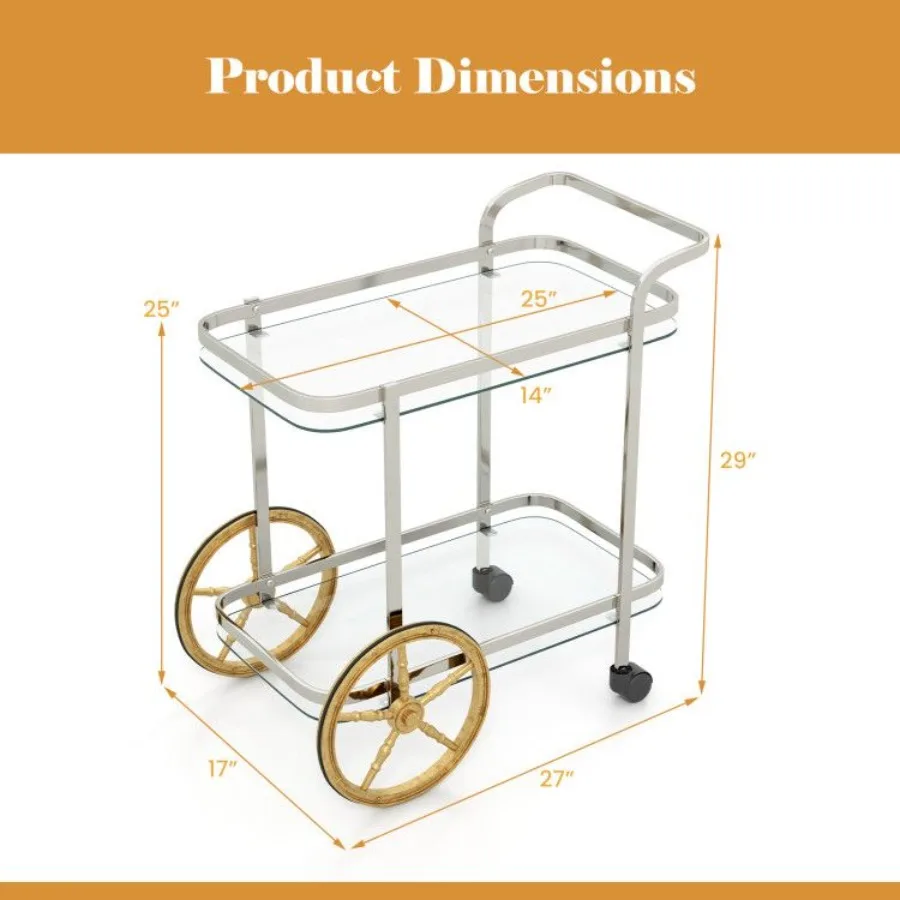 Chariot de barre en verre trempé à 2 niveaux avec 2 grandes roues en aluminium et 2 roulettes