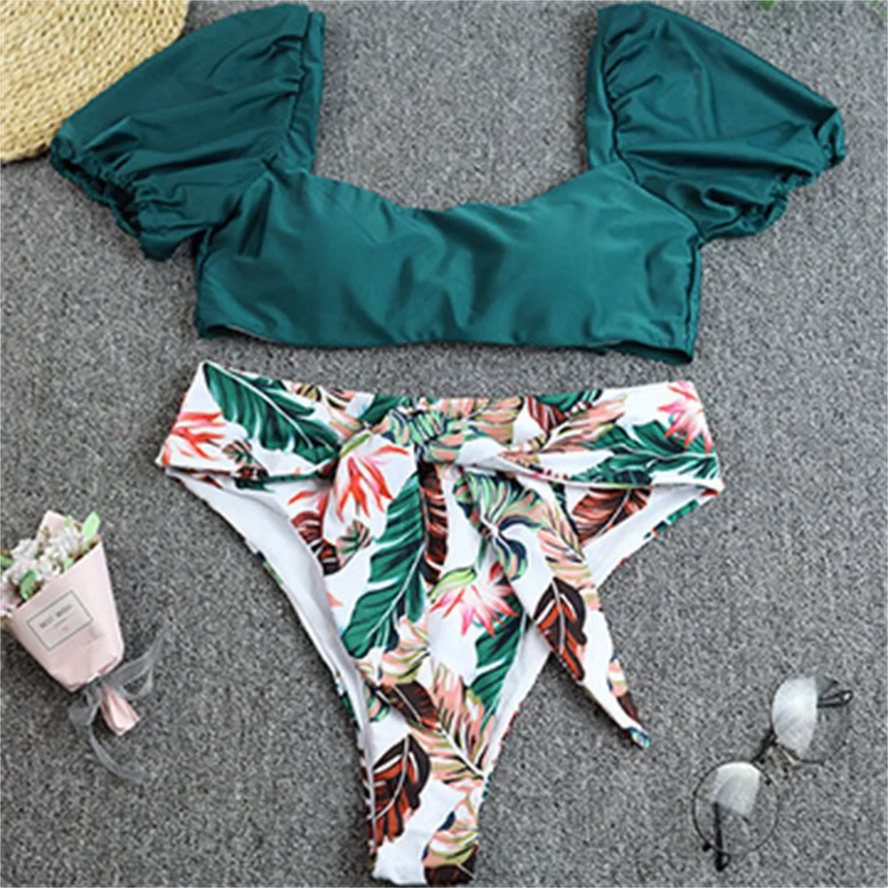 Bubble Sleeve Bikini Bowknot rücken freier Badeanzug hohe Taille Bandage Bade bekleidung drucken Tankini Tanga Frauen Strand urlaub Badeanzug