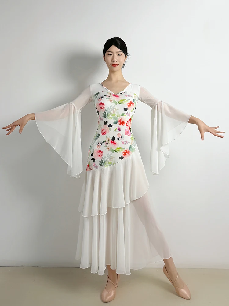 

2026 New Women Ballroom Dance Performance Clothing Female White Print Big Swing Dress National Standard Dance Dress Wear DN23643