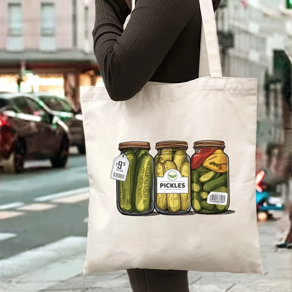 Reusable Pickled Cucumber Themed Canvas Shopping Bag - Large Capacity, Durable Shopping Bag with Upgraded Handles - Perfect for Pickled Cucumber Lovers - Fun Design Canvas Tote Bag