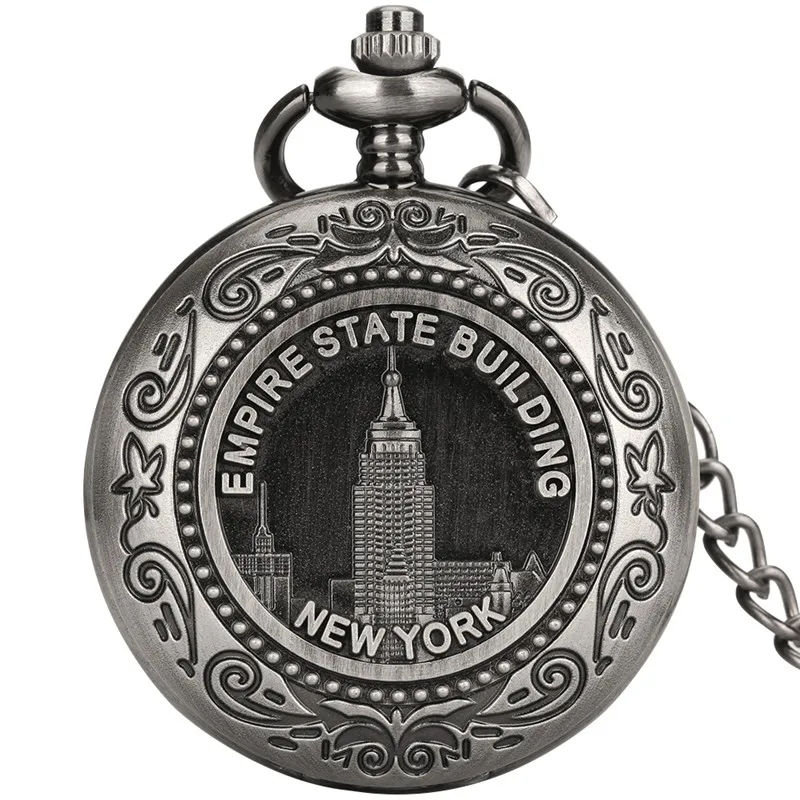 Antique Pocket Watch Men Women Quartz Movement Clock New York Empire Building Design Necklace FOB Chain Collectable Timepiece