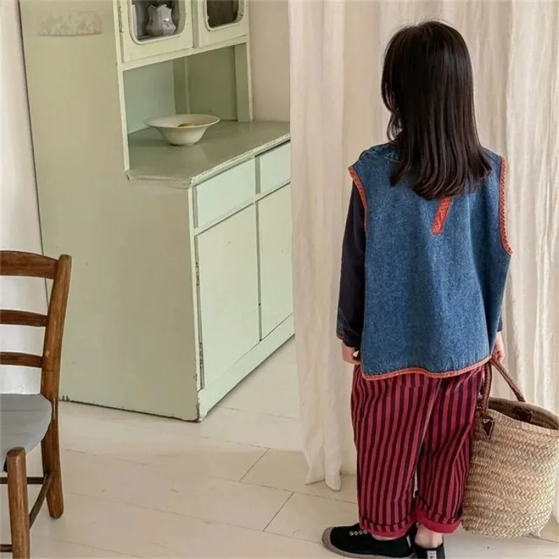 1-10Y Children's Vest 2025 Spring Autumn New Item Letter Camisole Top for Children Korean Boy Girl Color Collision Denim Vest