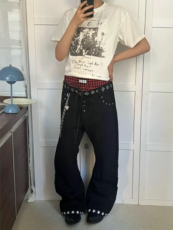 Calças Jeans Americanas Retrô em Patchwork, Estilo Casual, Comprimento Longo, Largas e Soltas para Homens e Mulheres