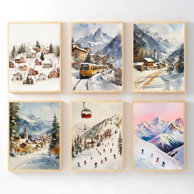 Vintage Chalet Ice Skating Cable Car Winter Snow Scenery Posters Canvas Painting Prints Art Living Room Wall Pictures Decorat
