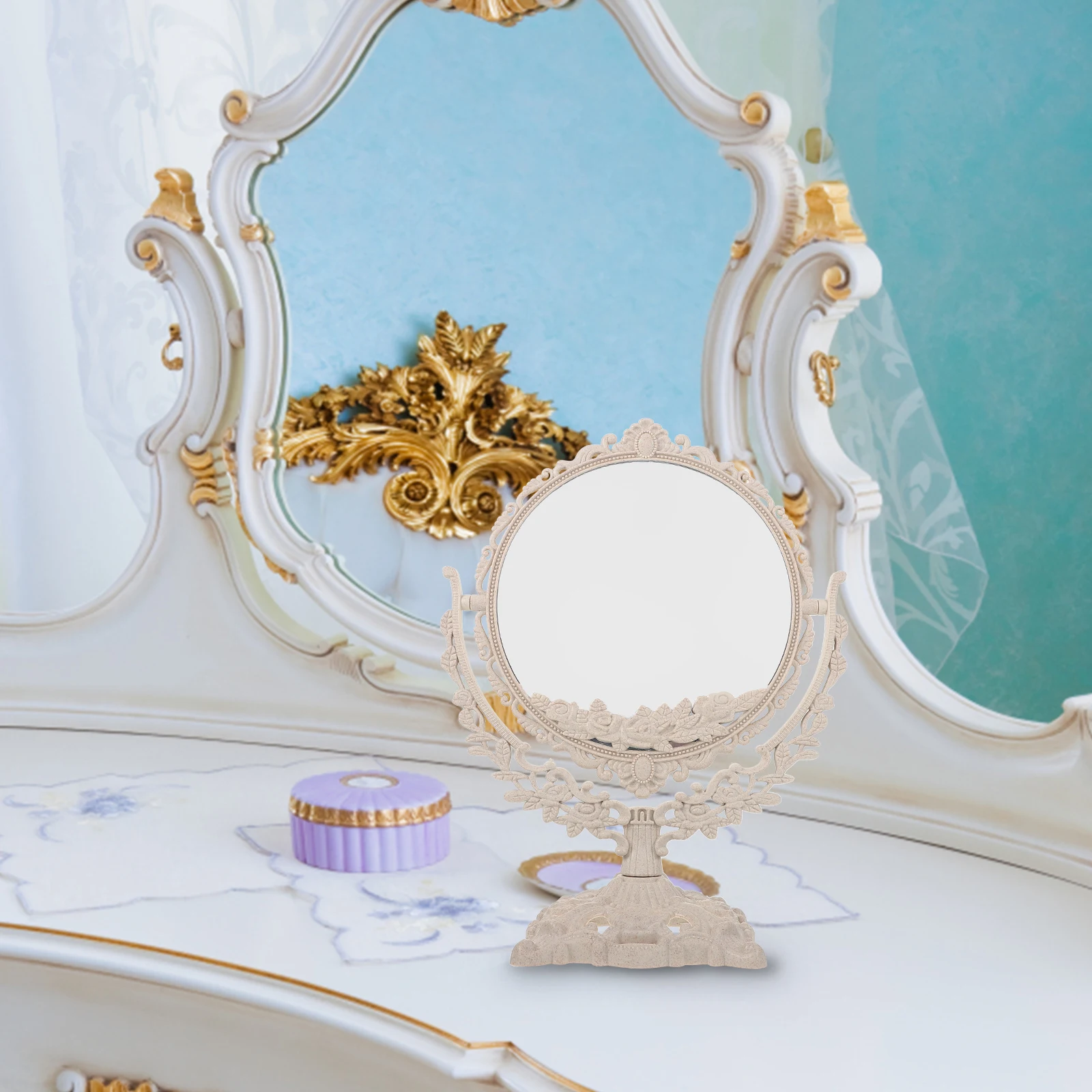 

1Pcs Makeup Mirror European Style Retro Desktop Beauty Mirror Table Vanity Dressing Table Practical Durable
