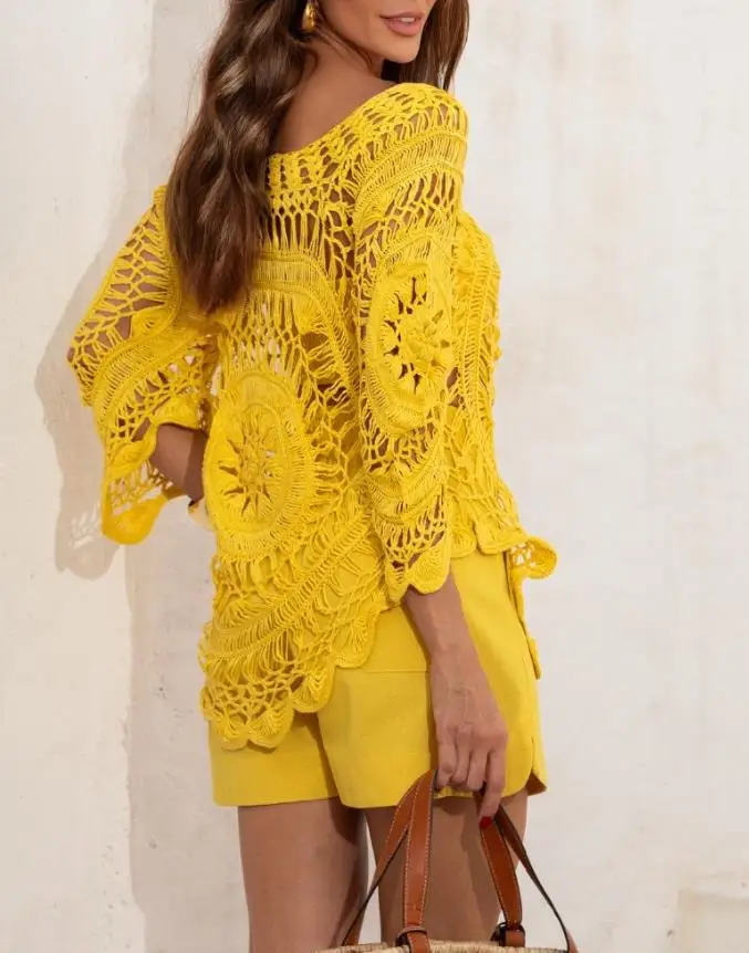 أفضل النساء 2025 ربيع جديد بلون قارب الرقبة Batwing كم الجوف التدريجي التباين الدانتيل فضفاض عادية التستر اليومي