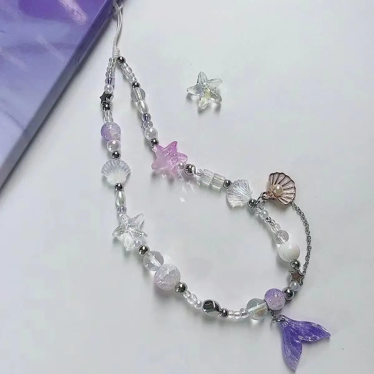 인어 꼬리 조개껍질 휴대폰 체인, 랜야드 참 스트랩, 손목 비드 코드, 팔찌 키 체인, 소녀 나일론 로프, 카메라 쥬얼리 걸기