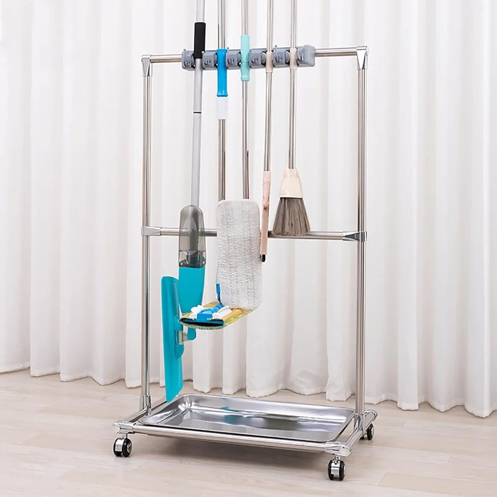رف تخزين ممسحة ومكنسة مثبت على الأرض مع 5 أرفف للمماسح المبللة وأدوات التنظيف