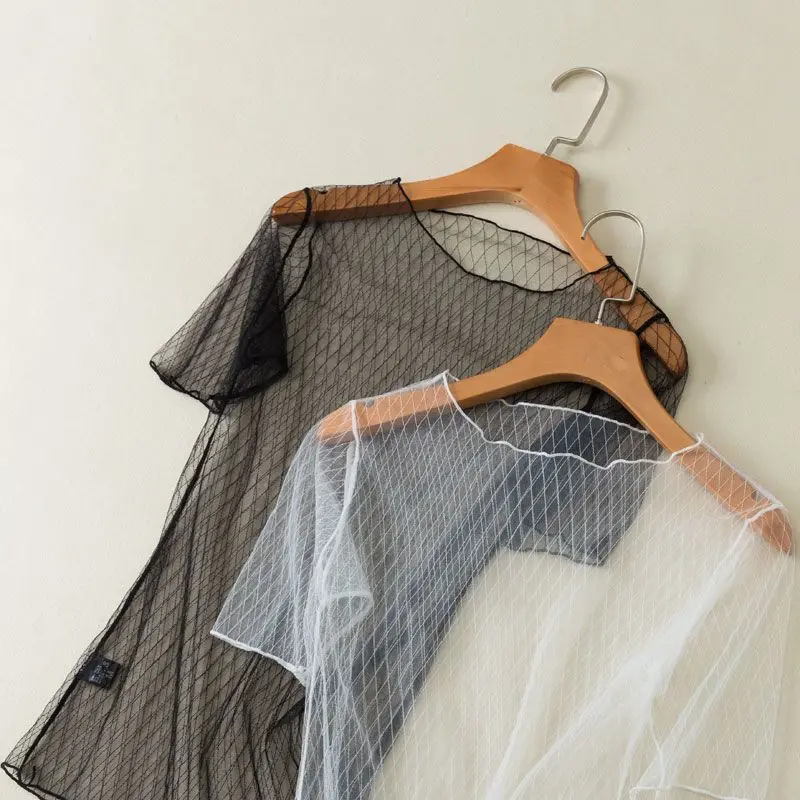 Sexy Y2K Women T-shirt Tulle Short-Sleeve Mesh See-Through Top Lace Blouse Lightweight Summer Layer for Under or Over T-Shirts