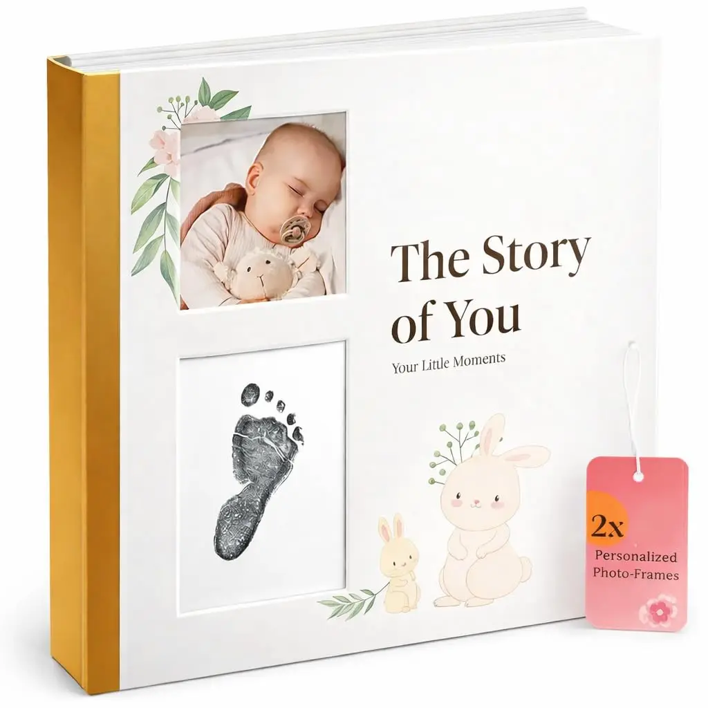 

Baby Memory Book for Baby Boy or Girl - Baby Book Keepsake with Ink Pad and Two Personalized Frames - Record Every Event
