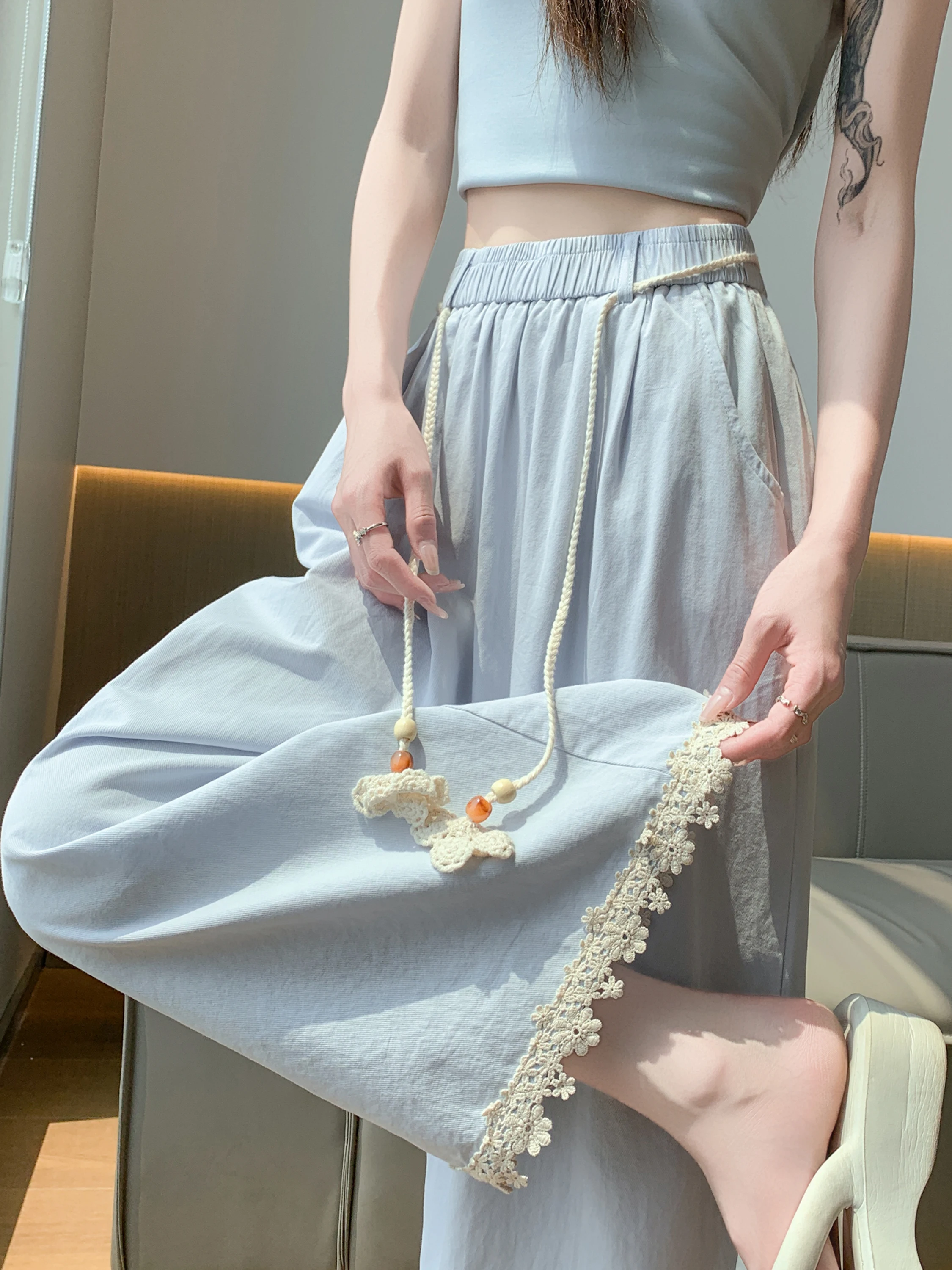 

Lace Splice Hem Wide Leg Pants Women's Summer New Style Small Size Loose Slimming Drapey Casual Thin Wide Leg Pants