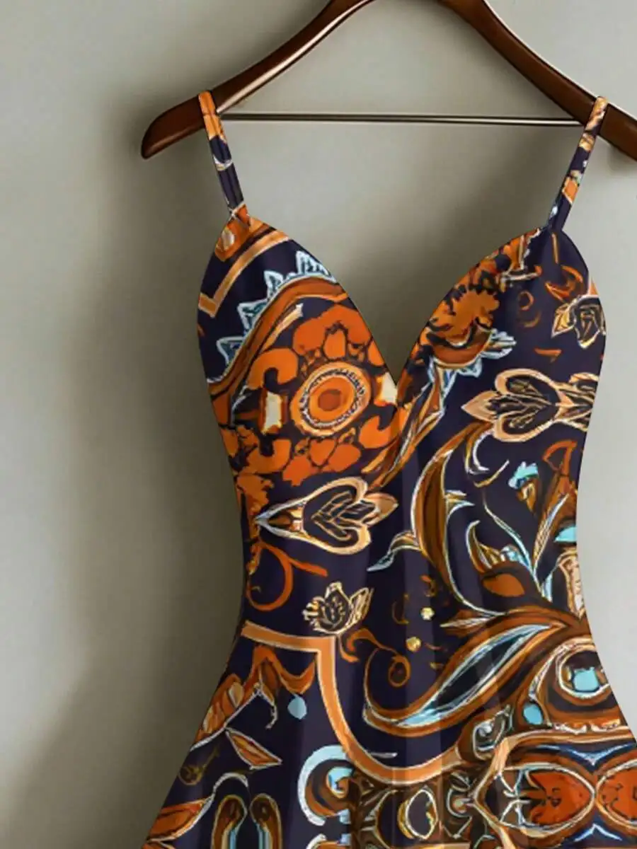 

Bohemian Floral Geometric Print Slip Dress V Neck Summer Beach Vacation Women
