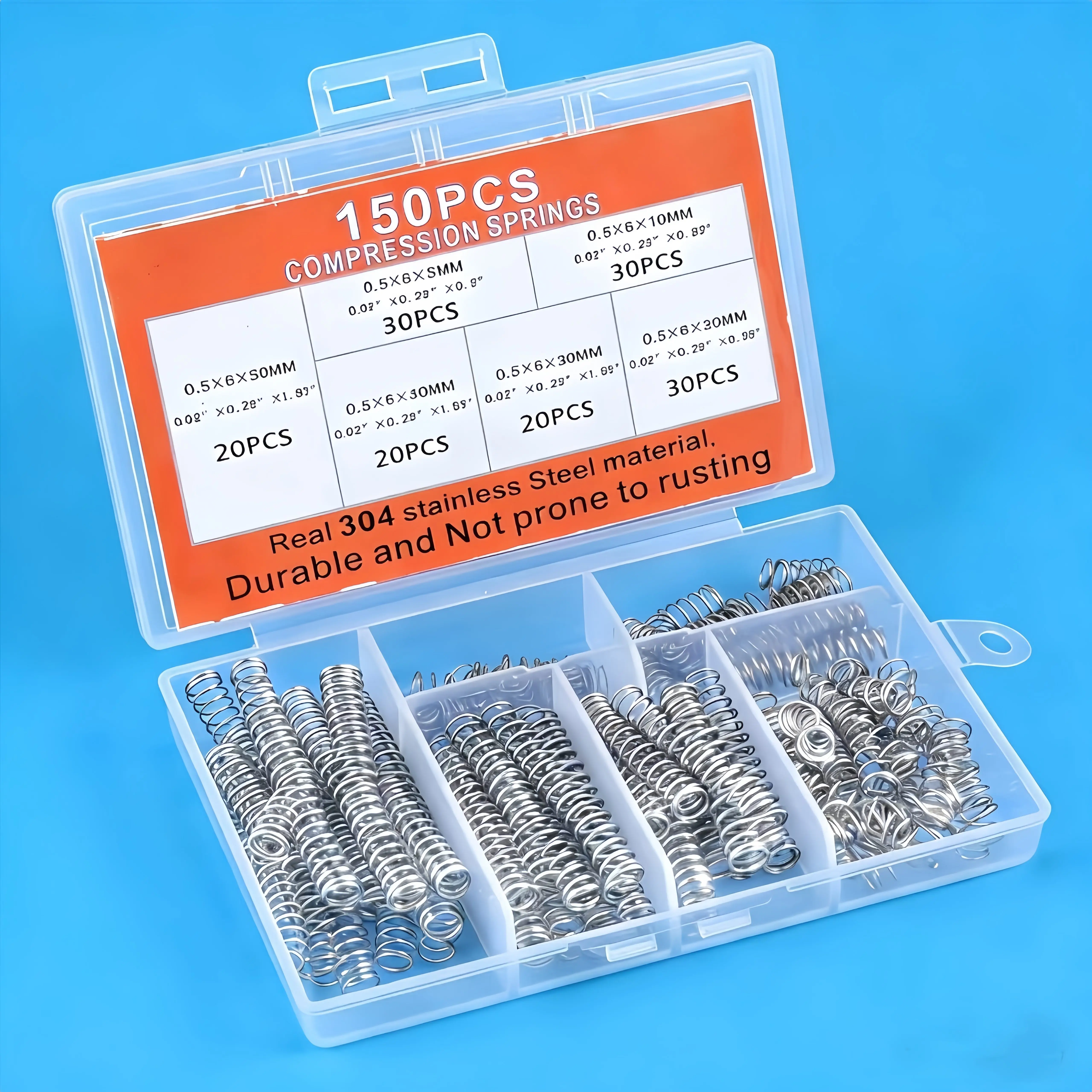 

150 Pcs 304 Stainless Steel Spring Kit | 0.5-6mm Wire Dia, 5-50mm Size | Precision Craft, Stable Rebound, High Toughness | For A