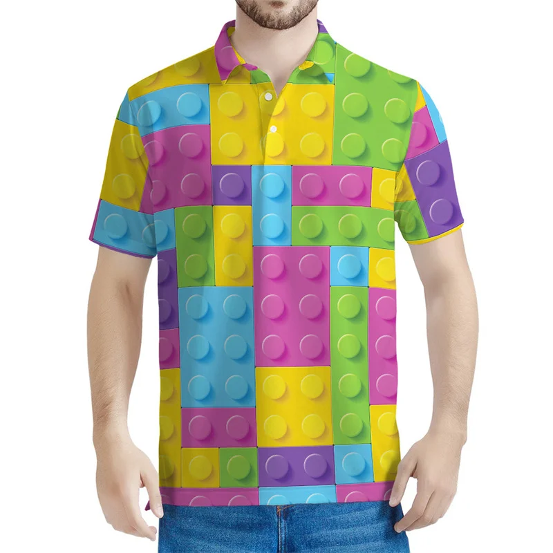 Colorful Building Blocks Pattern Polo Shirts Men Kids 3d Printed T-shirt Summer Street Short Sleeves Y2k Tops Loose Tee Shirt