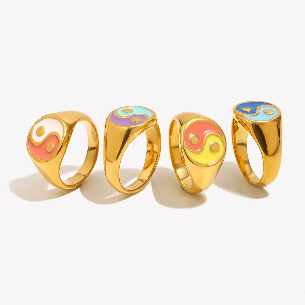 Must Have Lead&nickel Free 316L Stainless Steel Minimalist Lucky Gold Rings for Women Black White Balance Yingyang Ring
