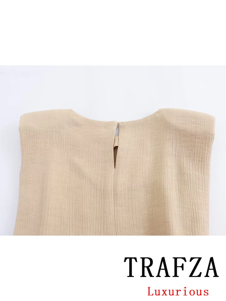 TRAFZA Vintage Casual Chic Solid Women Suit Sleeveless O-Neck Sashes Top Loose Straight Long Pants New Fashion 2024 Autumn Suit