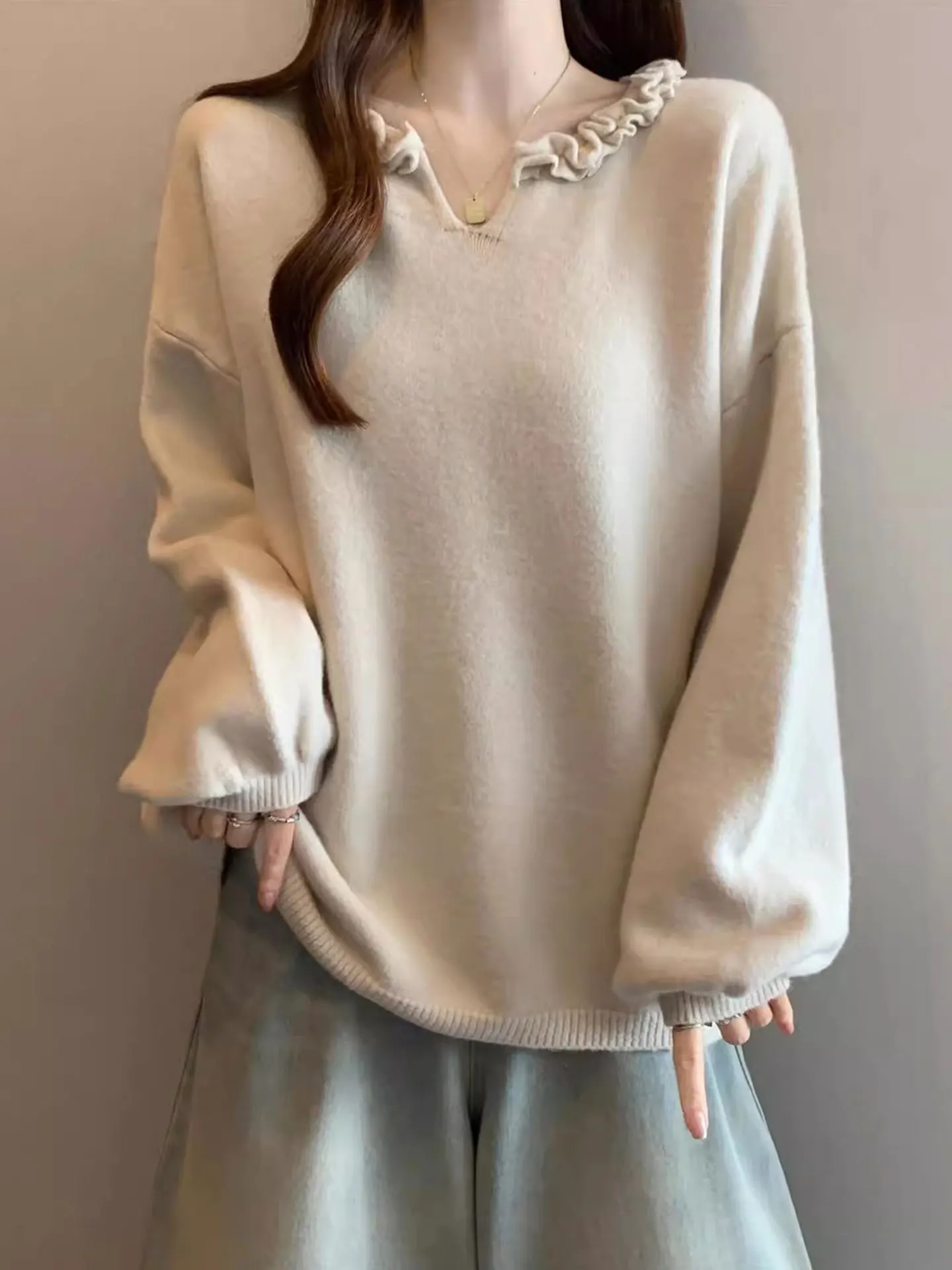 

Loose V-Ne Long Sve Knitted Sweater Women's plus Size Autumn Winter Faion Casual Sle Wood ain Top