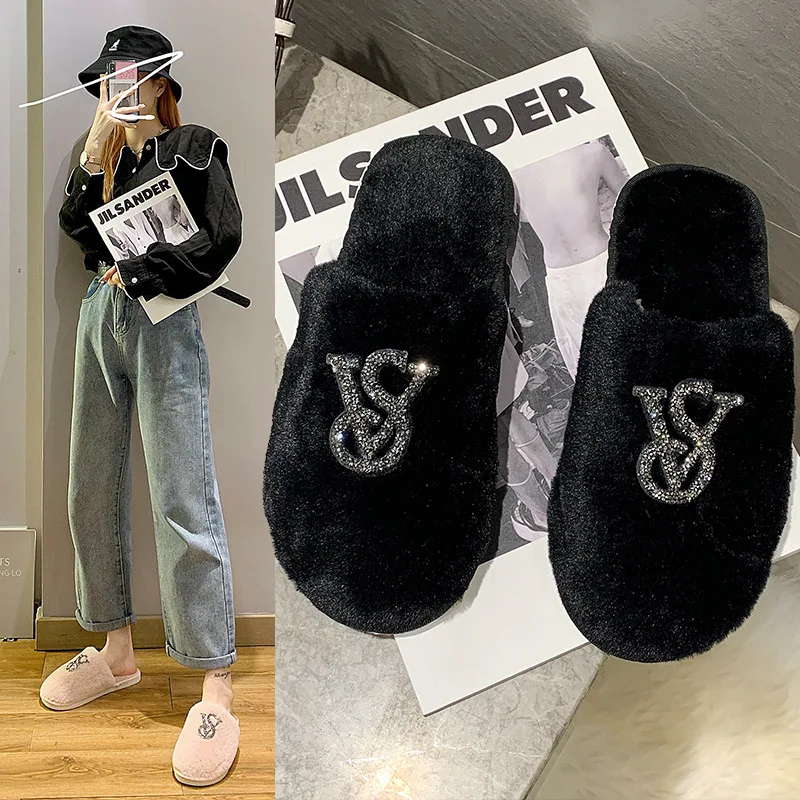 Hairy Cotton Slippers Women Autumn Winter New Warm Footwear Home Bright Diamond Slippers Fashion Outer Wear Women's Light Shoes