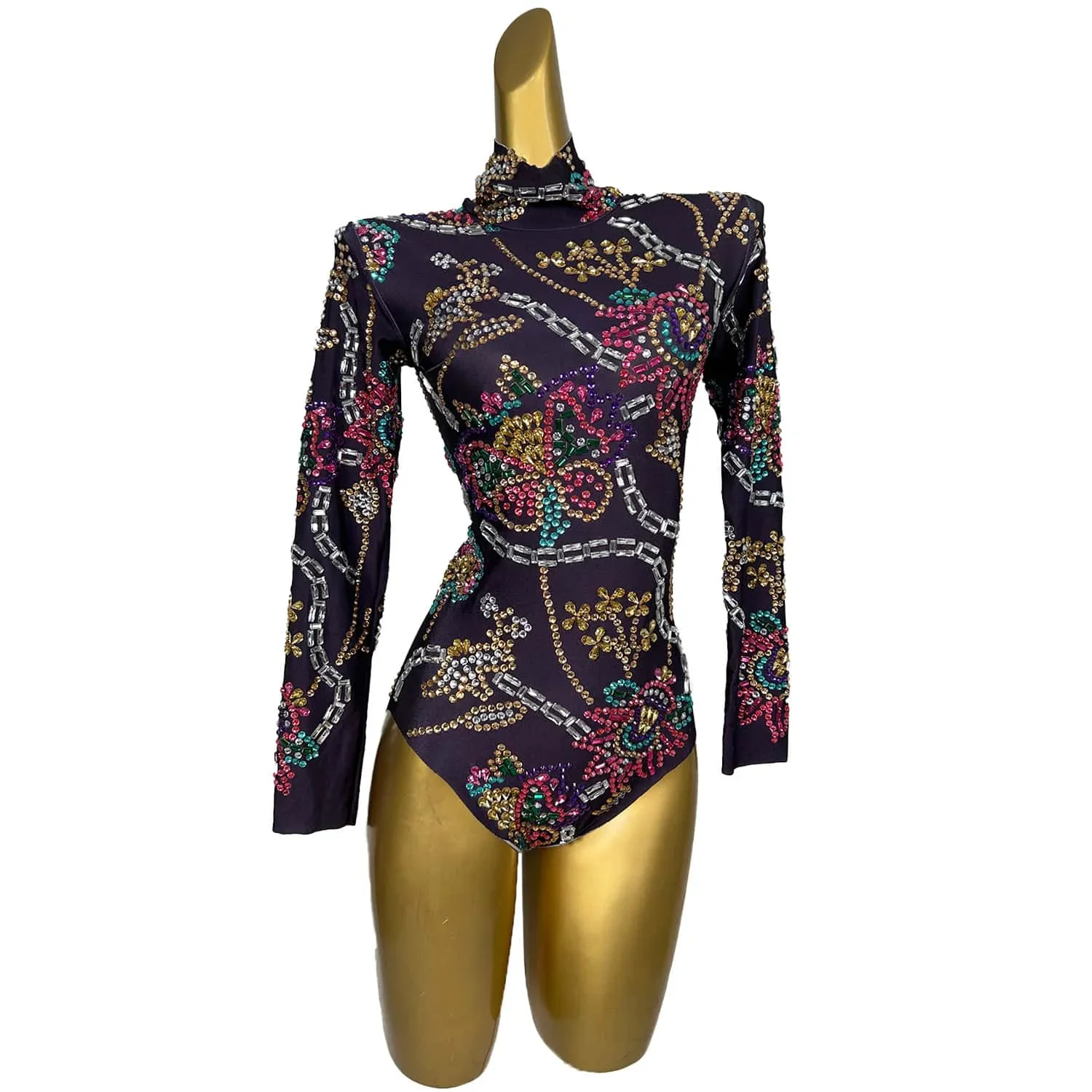 Women Sexy Purple Stretch Dance Party Costume Performance Stage Wear Photo Shoot Dress Sparkly Rhinestones Long Sleeve Leotards