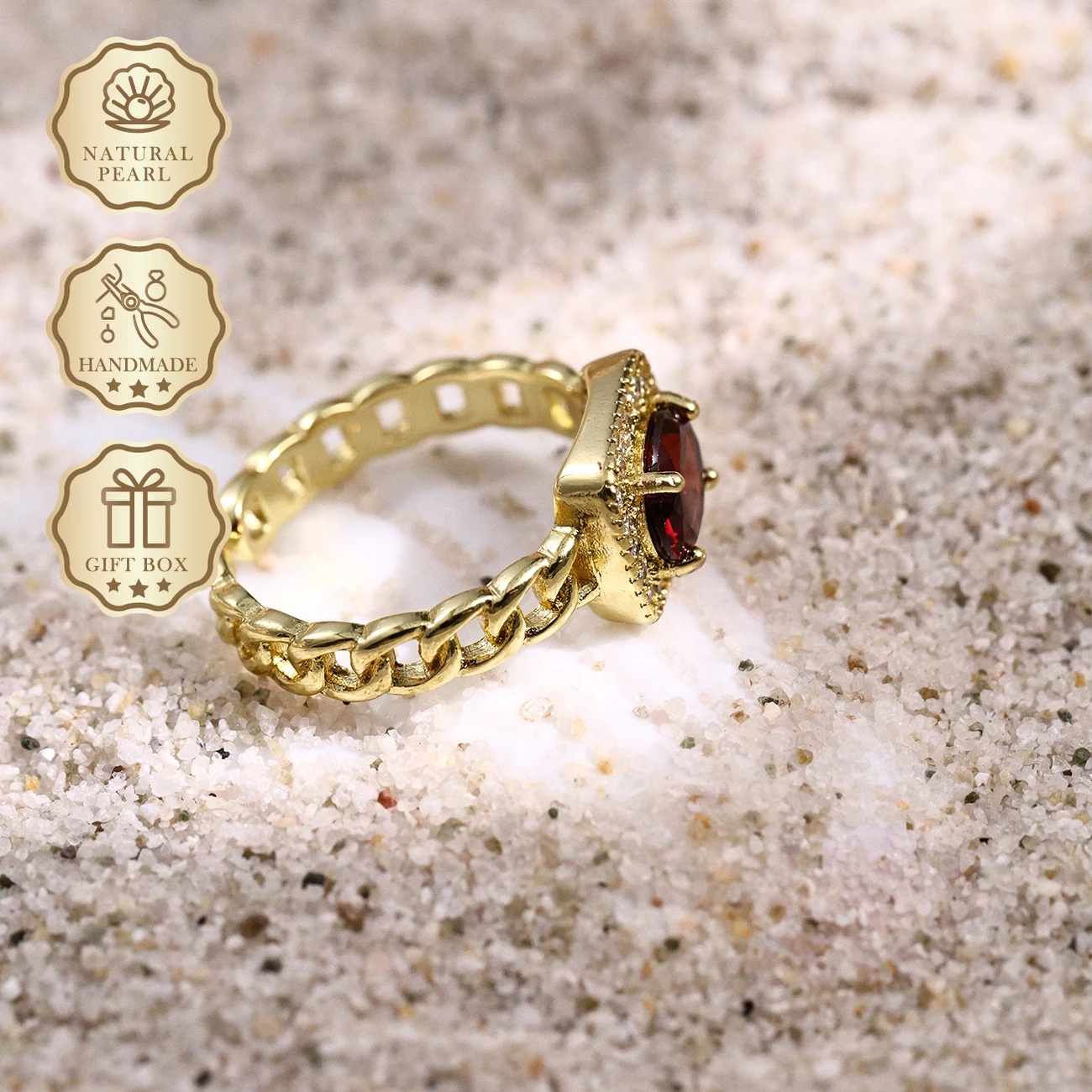MYSOYA Gold Hollow Chain Ring with Natural Garnet, 6×8mm Garnet 1.48ct, Gift Box Included, January Birthstone SC27