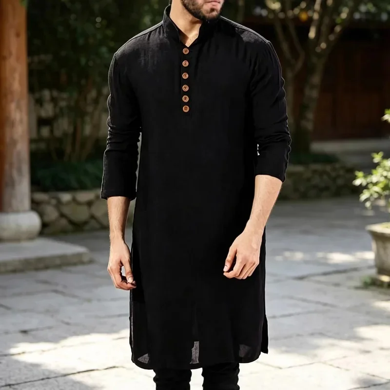 Men Cotton Linen Long Shirt Stand Collar Button Down Side Slits Casual Top for Summer Beach Vacation Daily Wear