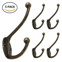 5Pcs Retro Hooks Wall Mounted Dual Coat Rack Coat Copper Clothes Hanger Heavy Duty Door Robe Hooks Non-slip Robe Holder