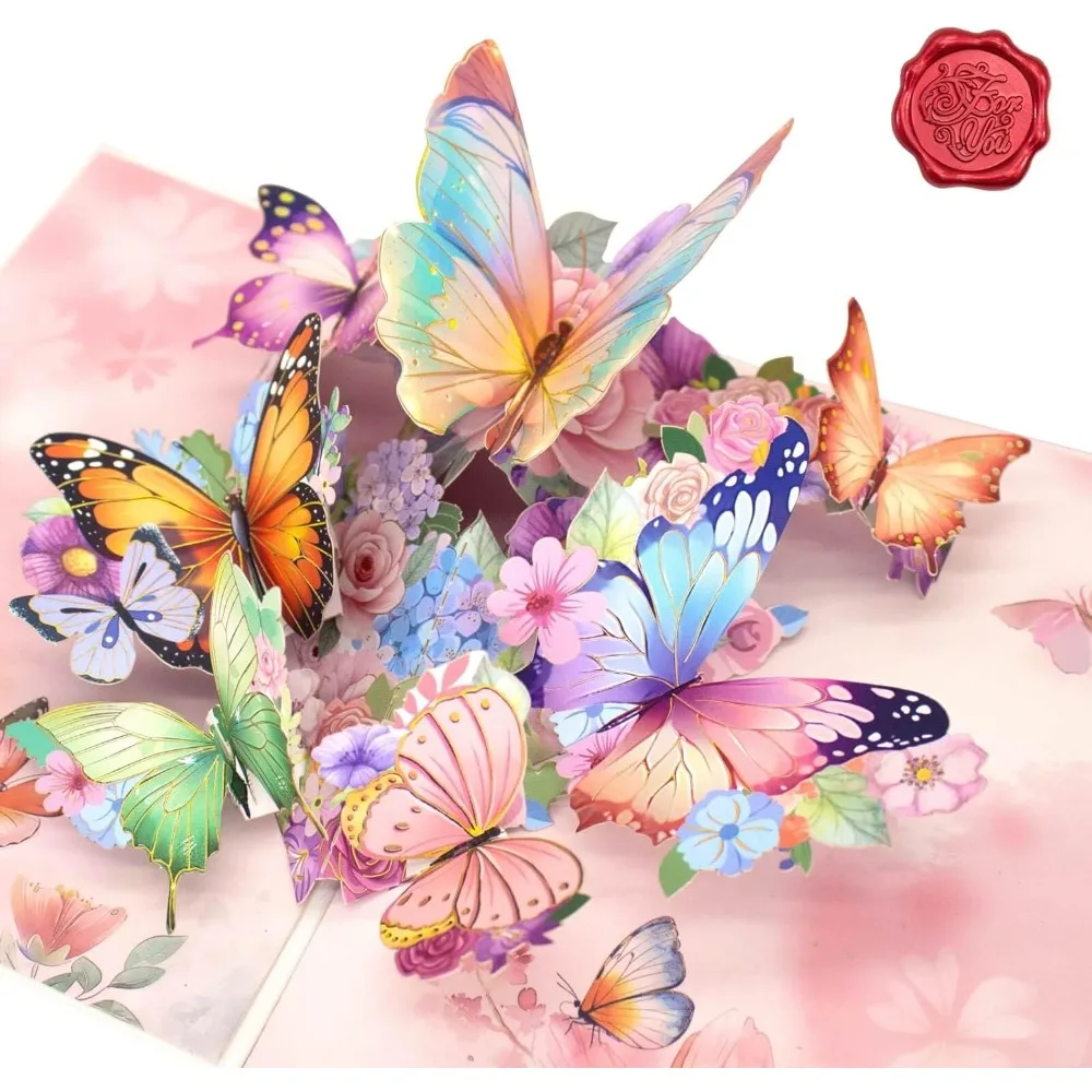 

Handmade 3D Pop Up Greeting Card with Gold Foil Butterflies and Floral Design, All-Occasion Card for Women and Girls