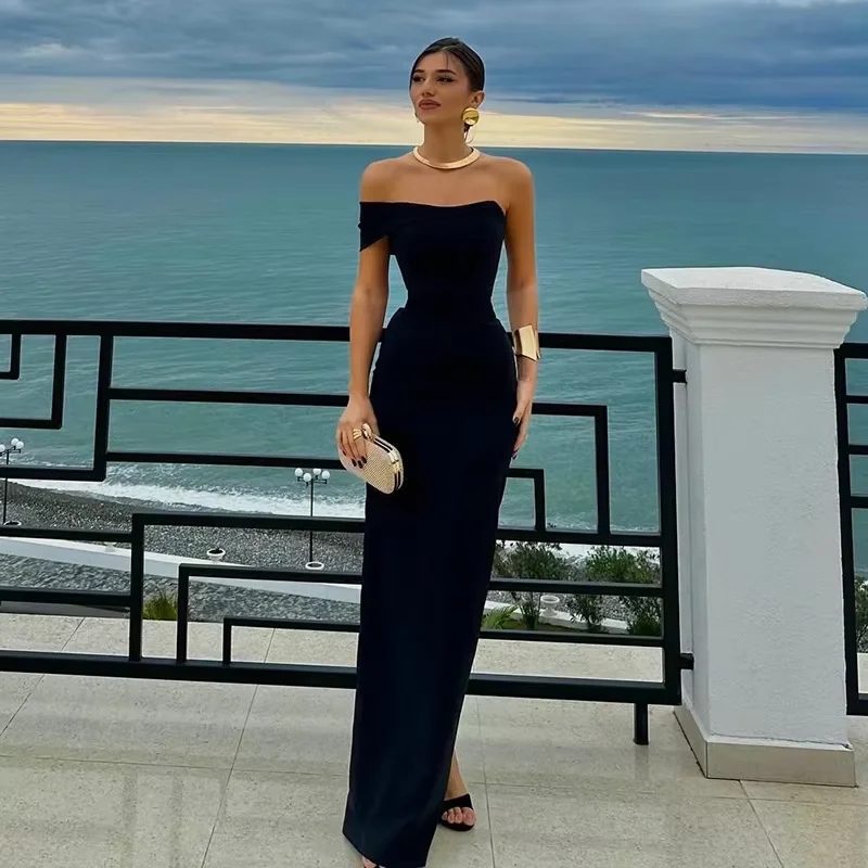 Customized Black Evening Dress Party Mermaid Strapless Satin Robe De Soiree Femmes Prom Dresses Woman Wedding vestido de gala