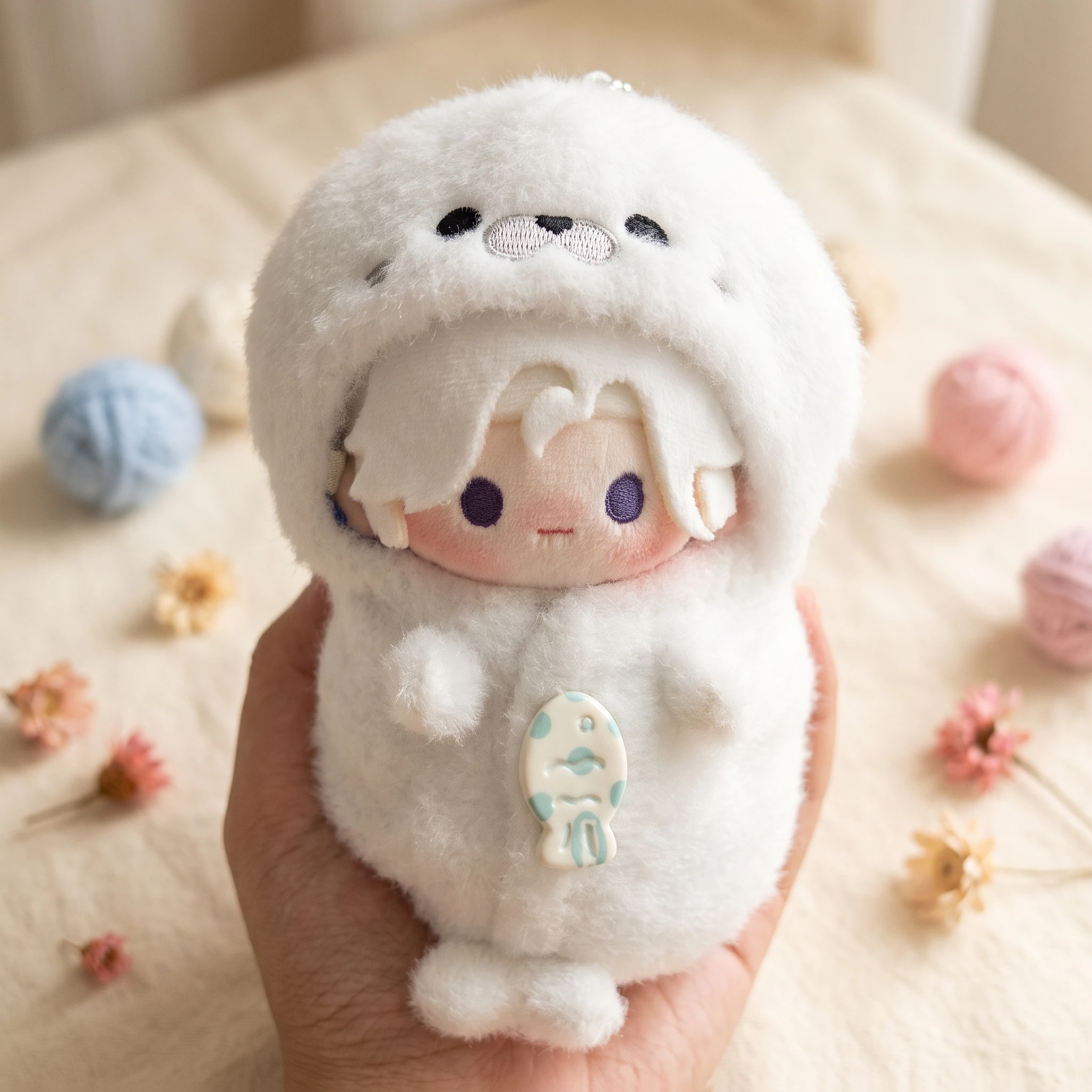 20cm Cotton Doll Clothes Cute Seal Onesie Plush White Fluffy Animal Jumpsuit Blue Plaid Lining Fish Button Kawaii Dress Up Gift