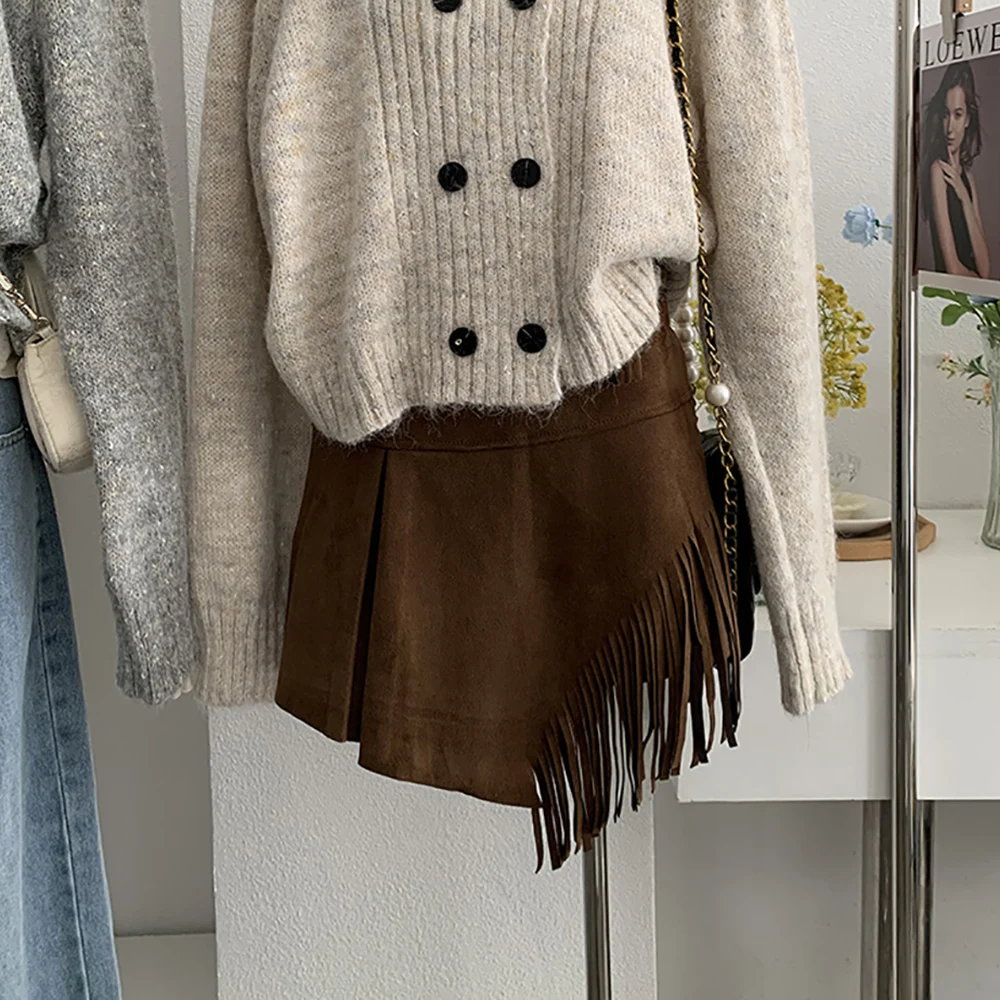 Vintage daim gland jupes femmes automne hiver irrégulière couleur unie jupe fendue décontracté fête tout-Match a-ligne Mini jupes