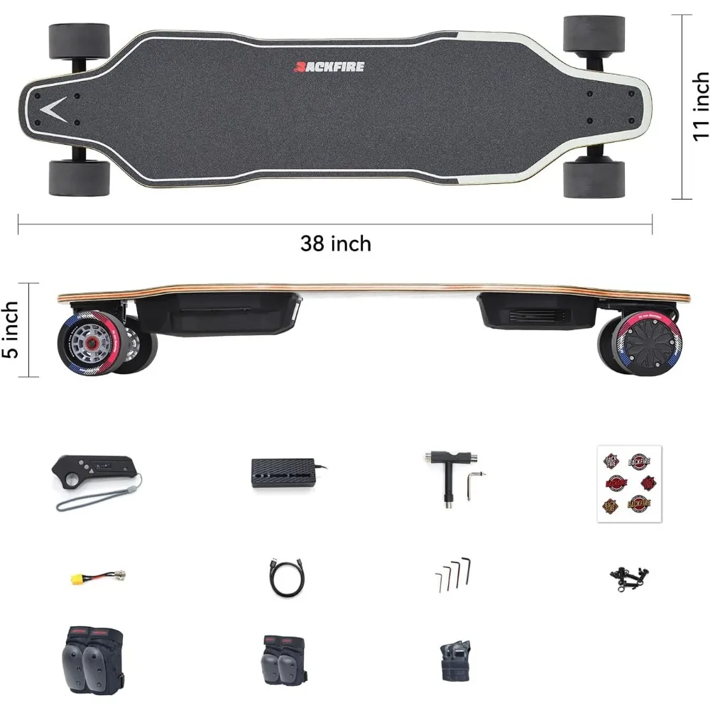 Monopatín eléctrico Longboard negro con equipo de protección, batería de 5,2 Ah/187WH, rango de 11 a 2024 millas, novedad de 12,5