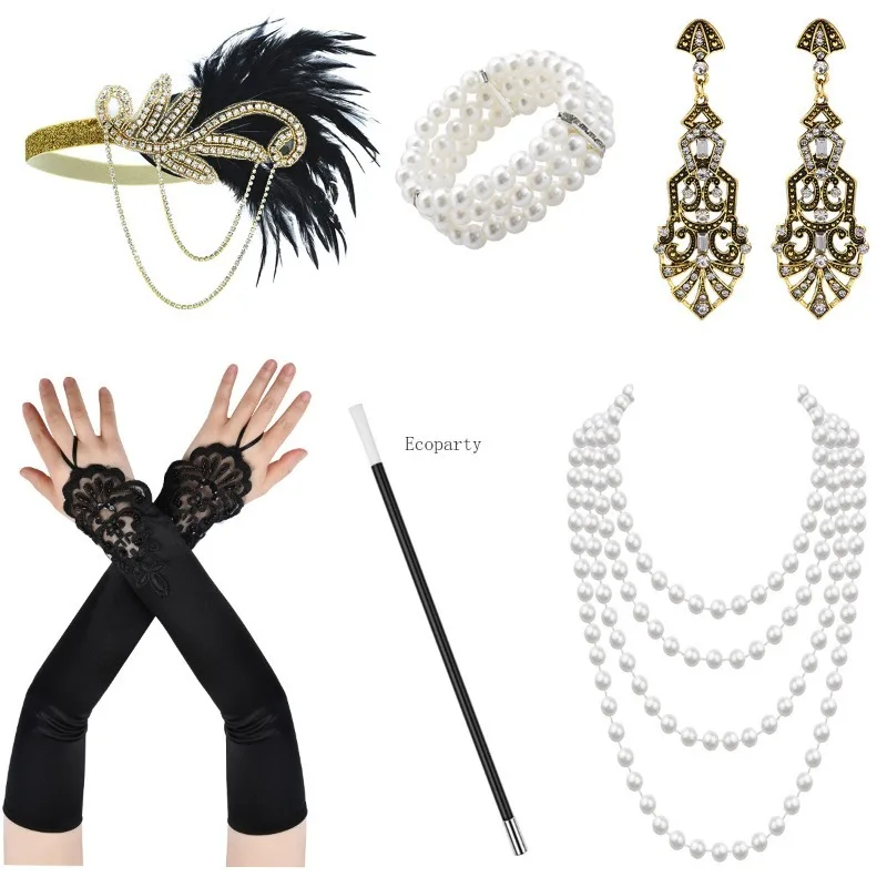 carnavalskleding dames Gatsby Makeup Ball Party Halloween Set Headband Gloves Smoke Rod Earrings Bracelet Necklace Combination