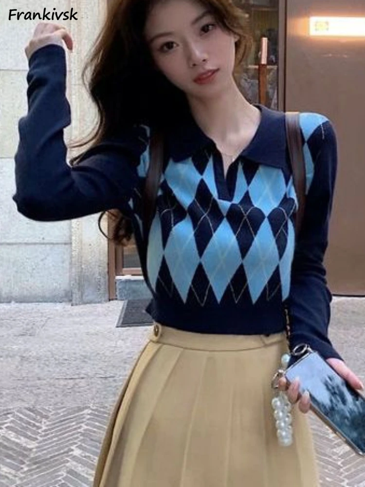 

Sweaters Women Panelled Argyle Fashion Classic Korean Style Students Leisure Simple Elegant Streetwear Cropped Knitwears Chic