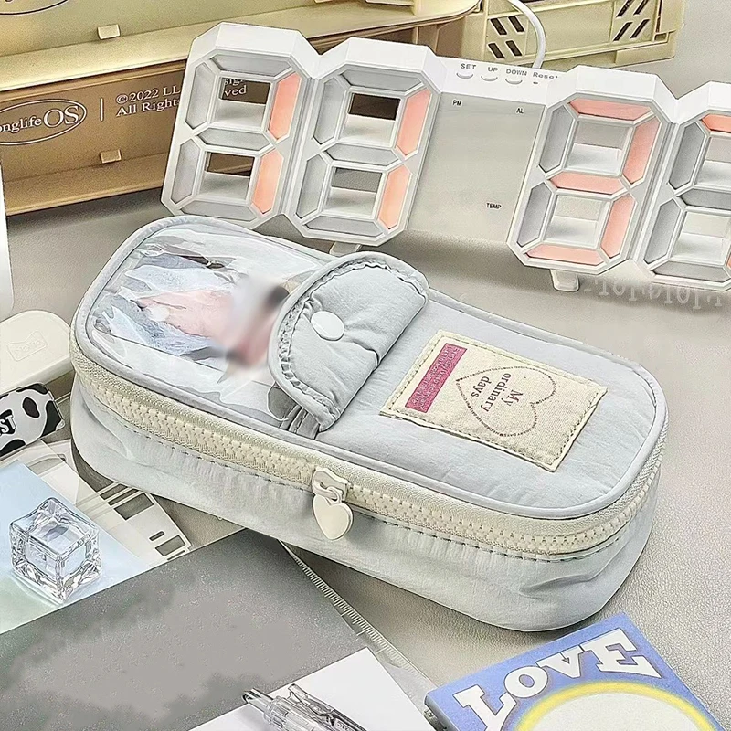 

Cute Japanese Ins Small Fresh Simple Pencil Case Art Retro Large Capacity Girl Pen Bag with Clear Card Pocket Heart Shape Zipper