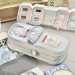 Cute Japanese Ins Small Fresh Simple Pencil Case Art Retro Large Capacity Girl Pen Bag with Clear Card Pocket Heart Shape Zipper