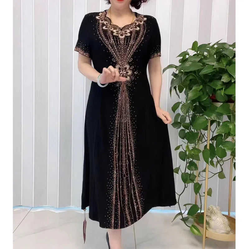 New Improved Cheongsam Technology Rhinestone Fashion Embroidered Dress Women 2023 Summer Short-Sleeved High-Quality Long Dresses