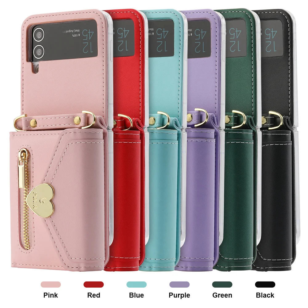 Galaxy Z Flip 5 4 3 Crossbody Wallet Phone Case for Samsung Flip5 Flip4 5G Love Card Holder Purse Lanyard Strap Leather Cover