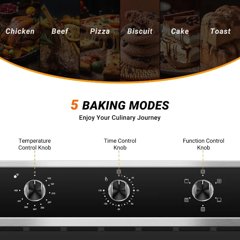 AMZCHEF 24" Single Wall Oven, 2.65 Cu.ft. Built-in Electric Wall Oven with 5 Cooking Functions, 360° ROTATING ROTISSERIE, 2200W