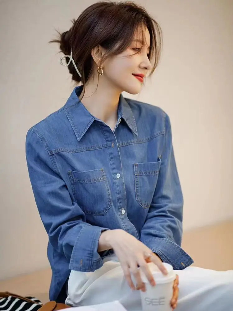 Women Long Sleeved Denim Shirt Blue Simple Casual Straight Blouse Spring Casual Jean Shirt Female Versatile Tops