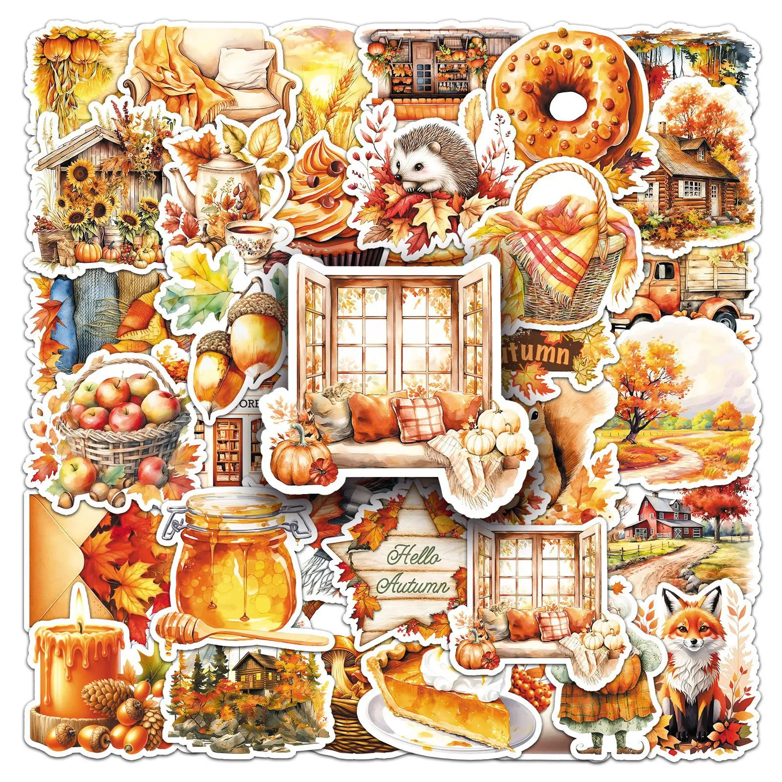 50 Pcs Golden Autumn Stickers Soothing Style Waterproof Doodle For Skateboard Wall Tablet Scrapbooking