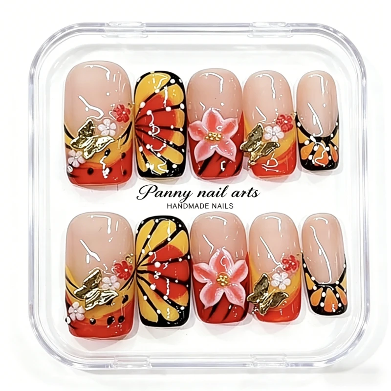 

10pcs Press on Squoval Nails Orange Butterfly Wing with 3D Flower & Gold Foil Decor Acrylic False Nails for Summer Party Looks