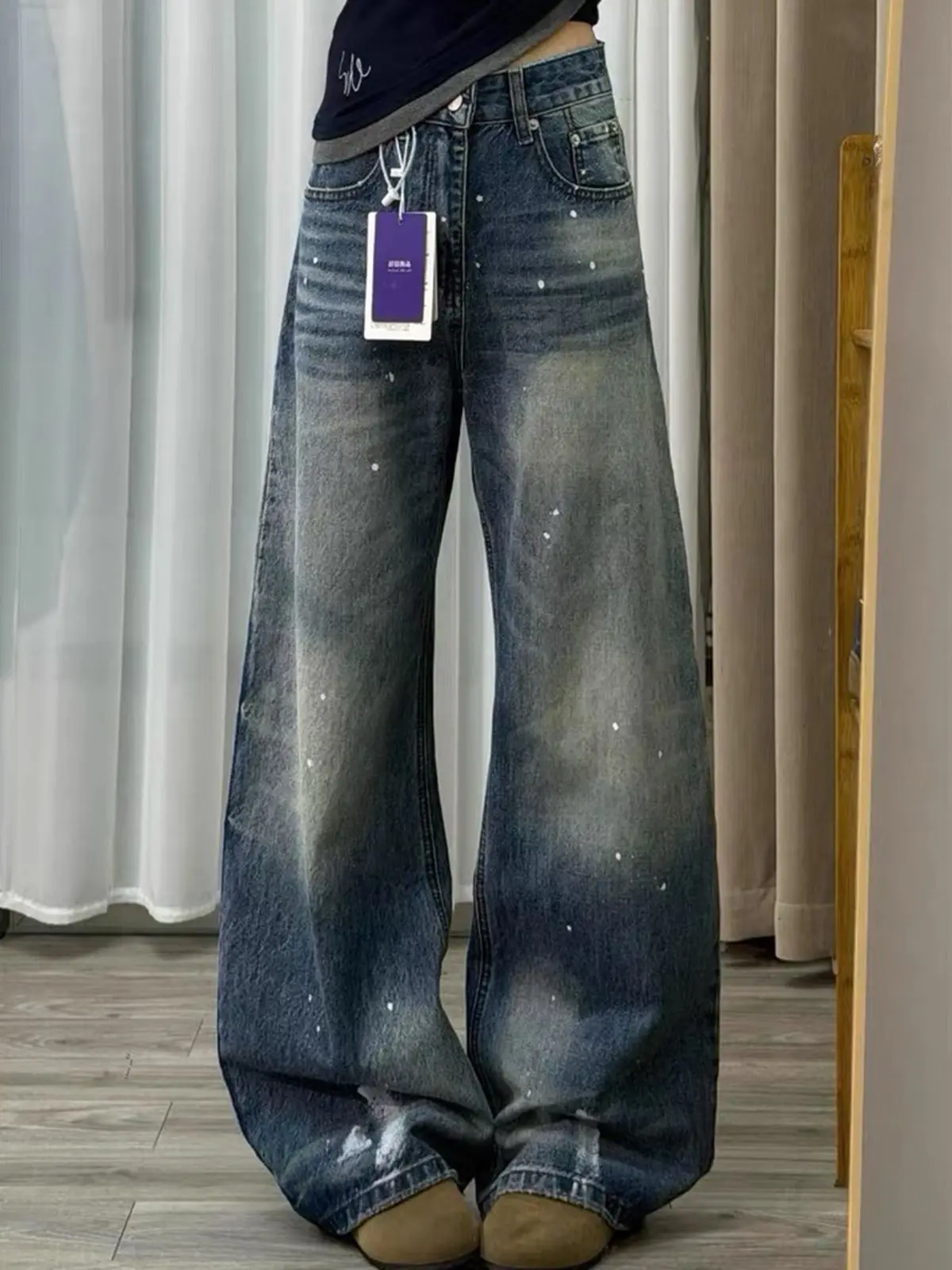 Y2K American Retro Blue High Street Washed Ink Splashed Curved Knife Loose Wide Leg Jeans Straight Leg Pants for Women