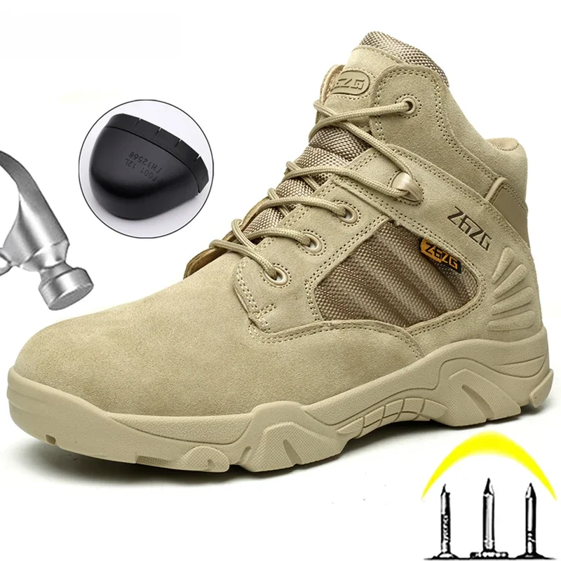 Men'S Outdoors Desert Boots Steel Toe Work Boots Indestructible Combat Puncture-Proof Anti Smashing Protective Safety Shoes