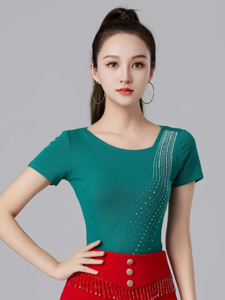 

Rhinestones Latin Dance Wear Samba Tango Tops Women Solid Color Costume Prom Belly Clothes Short Sleeve Dancewear T-shirt