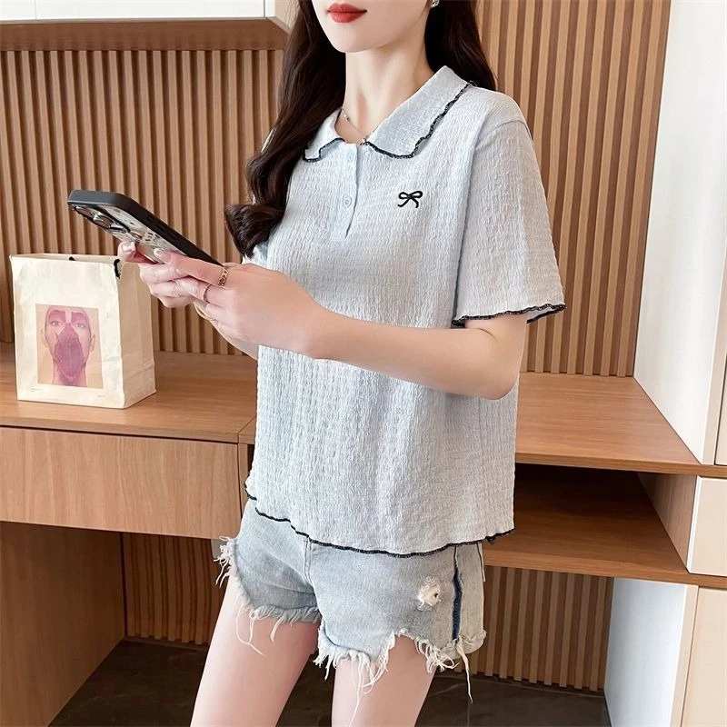 Women's Korean New Arrival High End Jacquard Designer Short Sleeve T-shirt Summer Commute Slimming Tummy Control Fit Trendy Top