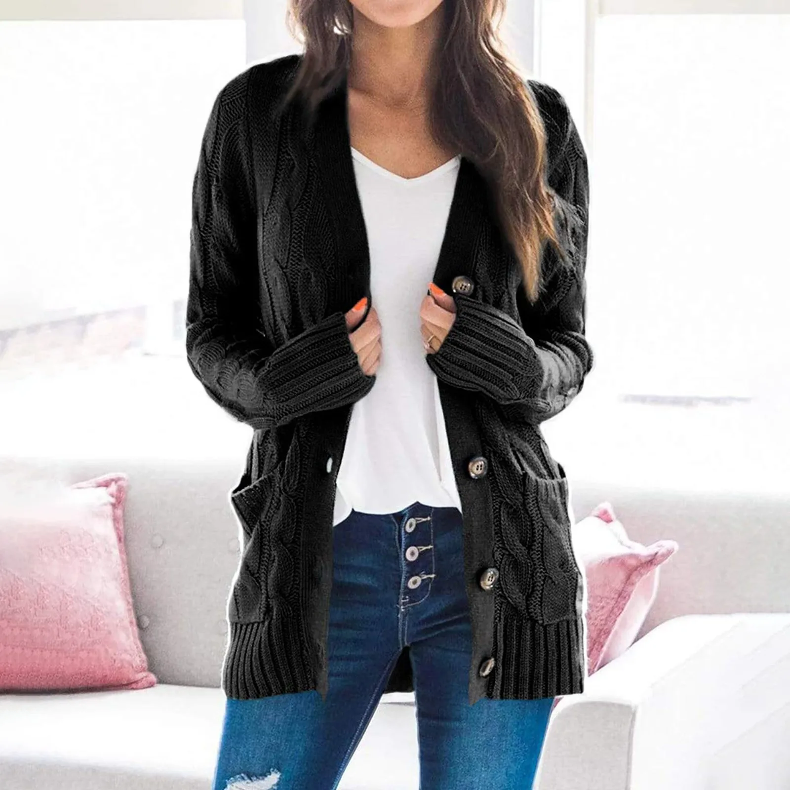 Women's Open Front Knit Cardigan Long Sleeve Knit Sweater Casual Solid Classy Sweater Jacket Chunky Outwear Coats