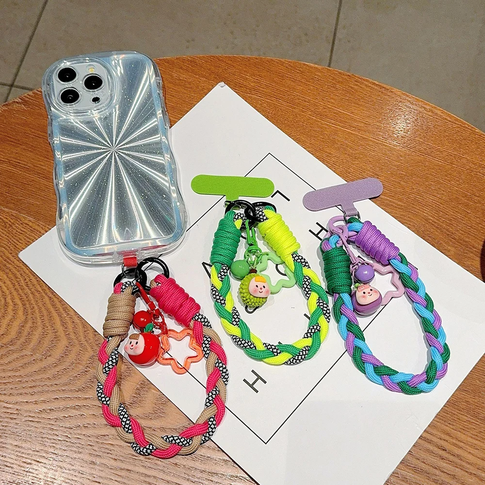 

Phone Charm Hanging Lanyard Bracelet with Hook Pad Carton Fruit Anti Lost Knot Rope KeyChain Weaving Wrist String Hand Strap