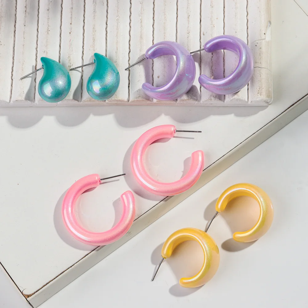 3pair Pearl Iridescent Acrylic Circle Waterdrop Earring Hoops for Women Trend Round Geometric Earrings Statement Jewelry Gifts