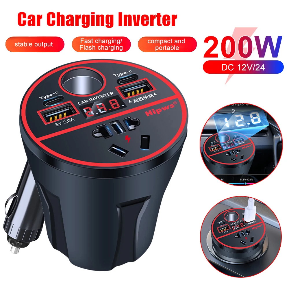 Auto-USB-Ladegerät 200W Adapter Digitales Fahrzeugladegerät Zigarettenanzünder-Wechselrichter QC3.0+PD Typ C Universal